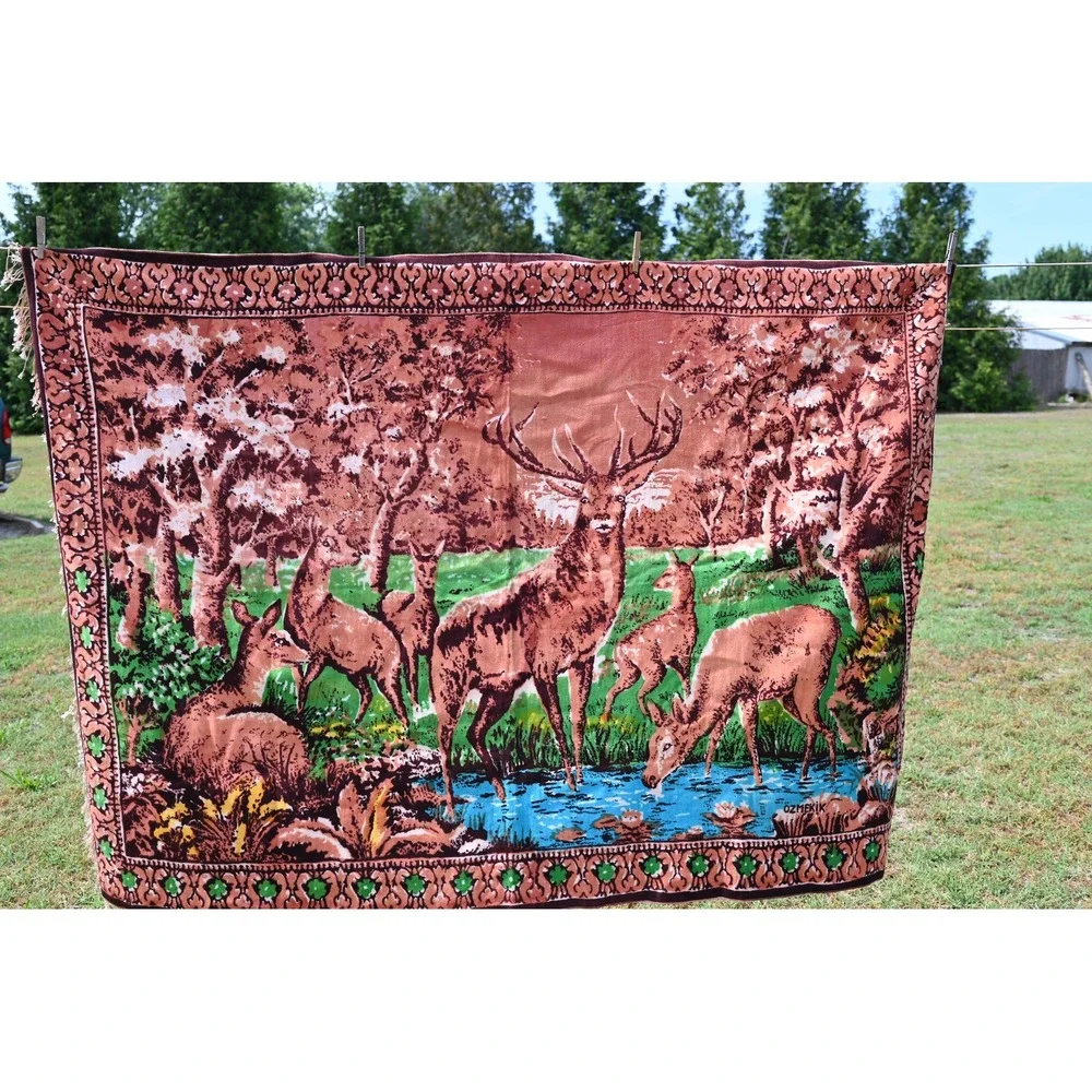 Vintage Deer Velvet Tapestry Wall Hanging Mid Century Modern MCM Brown 69x48.5